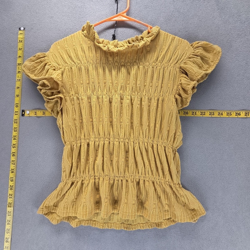 Blue Tassel Blouse Womens Medium Yellow Smocked Ruffle High Neck Flutter Sleeve